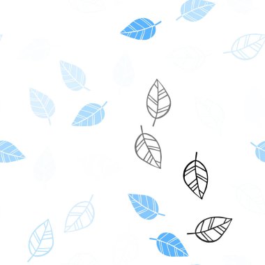 Açık mavi vektörlü, yapraklı, pürüzsüz doğal fon. Bulanık arka planda yaprakları olan eskiz karalamalar. Kartvizitler, web siteleri için şablon.