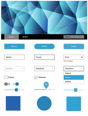Hafif mavi vektör UI ux kiti üçgen tarzı. Üçgenler ile poligonal tarzında modern stil rehberi. Web siteleri, açılış sayfaları için güzel düzeni.