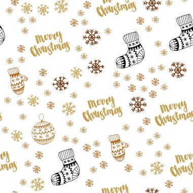 Koyu kahverengi vektör parlak kar taneleri, toplar, çorap, eldiven ile sorunsuz düzeni. Renkli resimde Noel tarzda parlayan. Desen için modaya uygun Kumaş, duvar kağıtları.