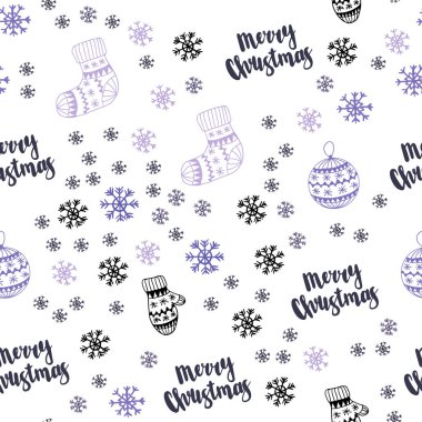 Hafif mor vektör Noel kar taneleri, toplar, çorap, eldiven ile seamless modeli. Gradyan ile renkli xmas öğeleri. Desen için modaya uygun Kumaş, duvar kağıtları.