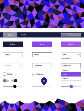 Koyu pembe, mavi vektör tasarım UI kiti ile mozaik. UI Ux kiti başlığını poligonal renkli arka plan ile. Web siteleri için basit renkli tasarım.