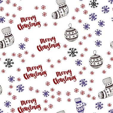 Koyu mavi, kırmızı güzel kar taneleri, toplar, çorap, eldiven ile sorunsuz kapak vektör. Glitter soyut illüstrasyon gradyan ile. Tekstil, kumaş, duvar kağıtları için tasarım.