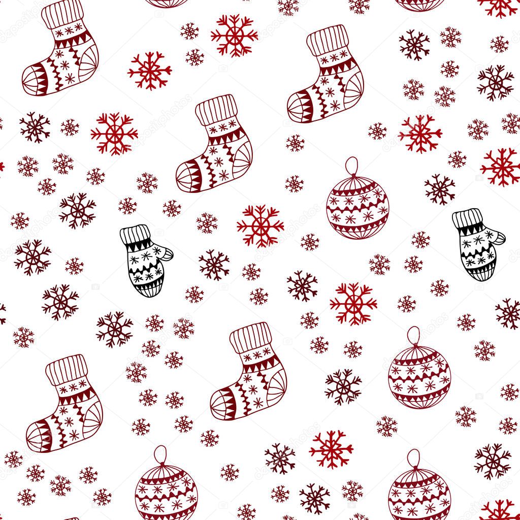 Dark Red vector seamless background with xmas snowflakes, balls, socks, mittens. Shining colorful illustration in christmas style. Texture for window blinds, curtains.