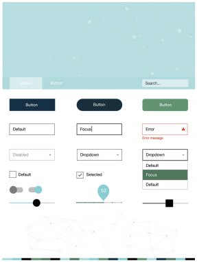 Açık mavi, yeşil vektör UI ux kiti daireler ile üçgen tarzı. Üçgen, daire arka plan üzerinde Stil Kılavuzu. Web siteleri, açılış sayfaları için güzel düzeni.