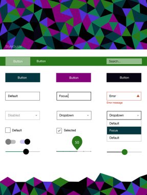 Karanlık çok renkli vektör tasarım UI kiti ile mozaik. UI Ux kiti başlığını poligonal renkli arka plan ile. Bu örnek için sitesidir.