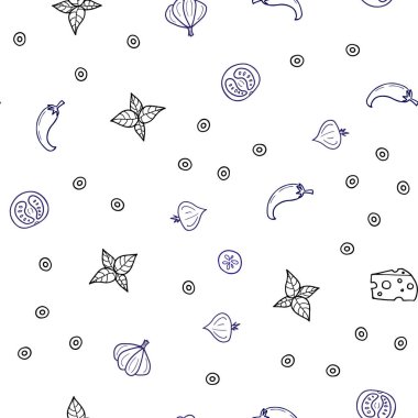 Koyu pembe, mavi taze malzemelerle Dikişsiz desen vektör. Dekoratif illüstrasyon gıda ile soyut şablonunda parlayan. Kafe işletme reklamınız için tasarım doodle.