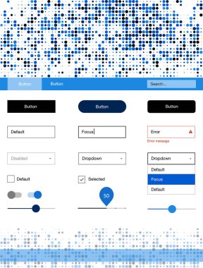 Koyu mavi vektör UI ux kiti daireler ile. Arka plan üzerinde renkli stil rehberi daireler ile. Bu örnek açılış sayfanız için mu.