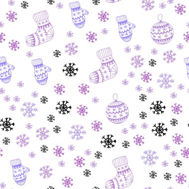 Xmas kar taneleri, toplar, çorap, eldiven ile mor vektör sorunsuz arka ışık. Modern geometrik soyut resim. Desen tasarım kumaş, duvar kağıtları.