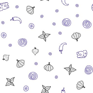 Koyu mor vektör Restoran gıda ile sorunsuz düzeni. Resimde dizi doodle tarzı taze yiyecek. Mutfakta yemek yemek için şablon.