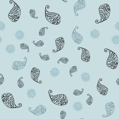 Hafif mavi vektör yaprak ve çiçek ile sorunsuz zarif arka. Soyut illüstrasyon yaprakları, çiçekleri karalamalar tarzı ile. İşiniz için yeni tasarım.