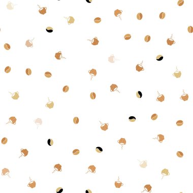 Işık turuncu vektör sorunsuz doku kahve çekirdekleri ile kupalar. Degrade kahve çekirdekleri ile renkli resimde yokmu. Reklam, kitapçıklar, broşürler restoranlar için desen.
