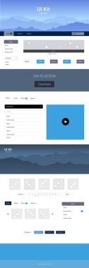 Koyu mavi vektör tasarım UI kiti manzara ile. Güzel UI ux kiti ile renkli başlığını dağlarda. Turist Web siteleri için basit renkli tasarım.