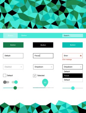 Açık yeşil çizgilerle malzeme tasarım kiti vektör. Web Kullanıcı arabirimi kiti ile onun üstbilgisindeki soyut degrade üçgenler. Bu örnek için sitesidir.