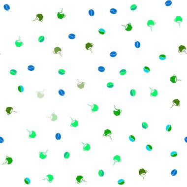 Açık mavi, yeşil vektör sorunsuz arka plan ile kahve, fasulye. Kahve bardakları ve fasulye degrade soyut topluluğu. Desen reklamlar Kahvaltı, Öğle Yemeği, akşam yemeği için.