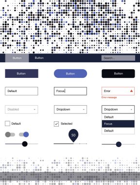 Koyu mavi noktalar ile malzeme tasarım kiti vektör. Renkli UI/ux kiti ile üstbilgi küreler oluşuyordu. Bu web siteleri için kullanabileceğiniz şablon.