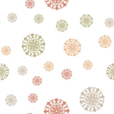 Hafif pembe, sarı vektör sorunsuz doku renkli kar taneleri ile. Dekoratif illüstrasyon kar soyut şablonundaki ile parlayan. Desen tasarım pencere panjur, perdeler.