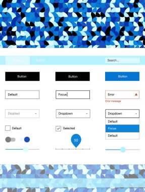 Koyu mavi vektör küreler web UI kiti. Arka plan üzerinde renkli stil rehberi daireler ile. Web siteleri için basit renkli tasarım.