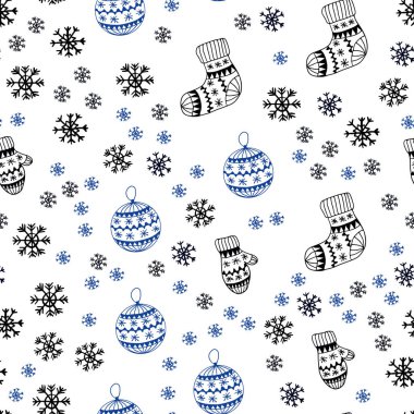 Koyu mavi vektör xmas kar taneleri, toplar, çorap, eldiven ile sorunsuz arka plan. Gradyan ile renkli xmas öğeleri. Kartvizit, Web siteleri için şablon.
