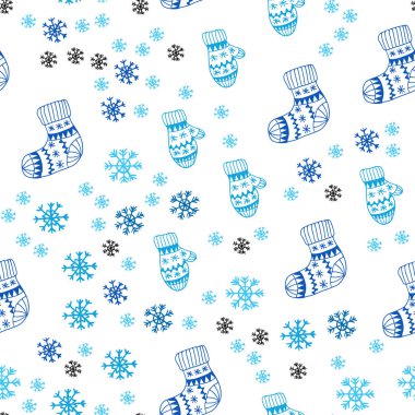 Güzel kar taneleri, toplar, çoraplar, eldivenler içeren açık mavi renk vektör kaplaması. Xmas tarzında renkli dekoratif tasarım. Moda kumaş ve duvar kağıtları için desen.