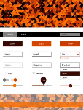 Koyu turuncu vektör UI ux kiti daireler ile. Arka plan üzerinde renkli stil rehberi daireler ile. Bu örnek için sitesidir.