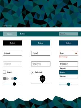 Koyu mavi, yeşil vektör tasarım UI kiti ile mozaik. Arka plan üzerinde renkli stil rehberi üçgenler ile. Bu örnek için sitesidir.
