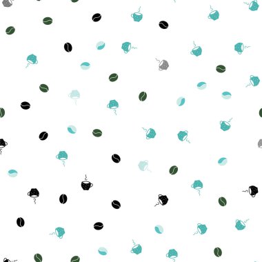 Açık mavi, kahve, yeşil vektör sorunsuz şablonuyla fasulye. Glitter degrade kupalar, kahve taneleri ile zemin. Tasarım reklam, poster, afiş, kafeterya, restoranlar için.