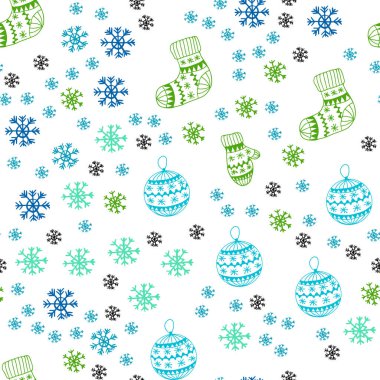 Açık mavi, yeşil vektör sorunsuz doku renkli kar taneleri, toplar, çorap, eldiven ile. Renkli resimde xmas sembolleri ile. Tekstil, kumaş, duvar kağıtları için tasarım.