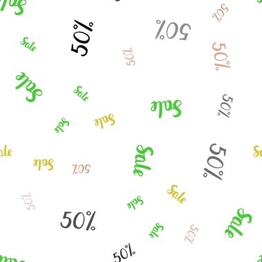 Işık çok renkli vektör 50 yüzde işaretleri ile seamless modeli. Beyaz arka plan üzerinde renkli kelime gradyan ile satış. Mega promosyonlar için fon indirimler.