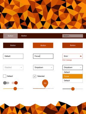 Işık turuncu vektör UI ux kiti üçgen tarzı. Üçgenler ile poligonal tarzında modern stil rehberi. Web siteleri için basit renkli tasarım.