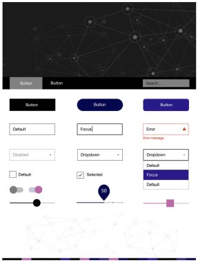 Koyu pembe, mavi tel kafes kiti kristalleri, daireler ile vektör. Renkli üçgen, daire basit malzeme tasarım kiti. Web siteleri, açılış sayfaları için güzel düzeni.