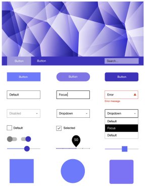 Açık mor çizgiler ile malzeme tasarım kiti vektör. Web Kullanıcı arabirimi kiti ile onun üstbilgisindeki soyut degrade üçgenler. Bu örnek için sitesidir.