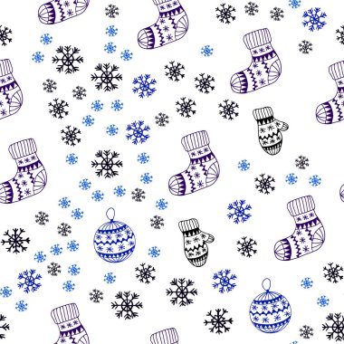 Koyu mavi buz kar taneleri, toplar, çorap, eldiven ile sorunsuz şablon vektör. Renkli resimde xmas sembolleri ile. Kartvizit, Web siteleri için şablon.