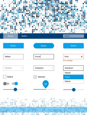 Koyu mavi vektör UI ux kiti daireler ile. Güzel UI ux kiti ile onun üstbilgisindeki renkli noktalar. Sen-ebilmek kullanma için açılış sayfaları bu şablonu.