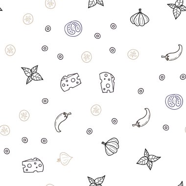 Koyu pembe, sarı lezzetli yemekler ile sorunsuz arka plan vektör. Resimde dizi doodle tarzı taze yiyecek. Desen menüsü kafeteryalar, barlar, restoranlar için.