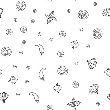 Koyu mavi taze malzemelerle Dikişsiz desen vektör. Gıda doodle tarzı ile güzel renkli resimde. Desen menüsü kafeteryalar, barlar, restoranlar için.