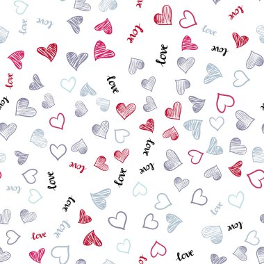 Açık mavi, kırmızı vektör metin Love You, sorunsuz şablonuyla kupa. Aşk, kalpleri soyut tarzda Illustration kelimelerle. Kartvizit, Web siteleri için şablon.