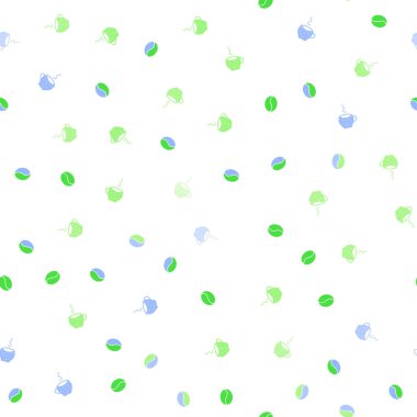 Açık mavi, yeşil vektör sorunsuz doku ile kahve çekirdekleri, yokmu. Glitter degrade kupalar, kahve taneleri ile zemin. Kafe işletme reklamınız için tasarım doodle.
