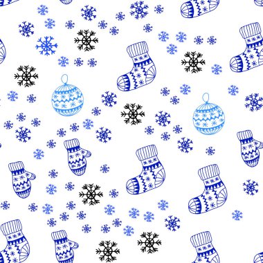Hafif mavi vektör parlak kar taneleri, toplar, çorap, eldiven ile sorunsuz düzeni. Modern geometrik soyut resim. Doku pencere panjur, perdeler için.