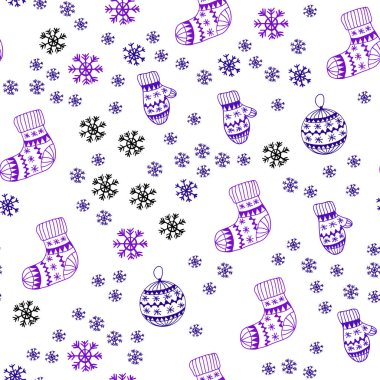 Hafif mor vektör Noel kar taneleri, toplar, çorap, eldiven ile seamless modeli. Renkli resimde xmas sembolleri ile. Doku pencere panjur, perdeler için.
