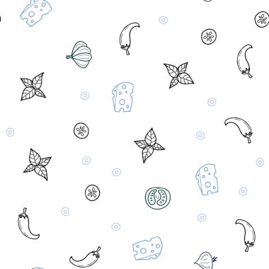 Açık mavi, yeşil vektör sorunsuz doku ile lezzetli aperatifler. Bulanık dekoratif tasarım doodle tarzı aperatifler. Desen reklamlar Kahvaltı, Öğle Yemeği, akşam yemeği için.