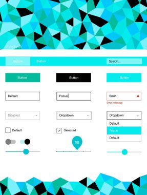 Açık mavi, vektör malzeme tasarım kiti hatları ile yeşil. Basit malzeme tasarım kiti ile üçgen renkli mozaik. Bu web siteleri için kullanabileceğiniz şablon.
