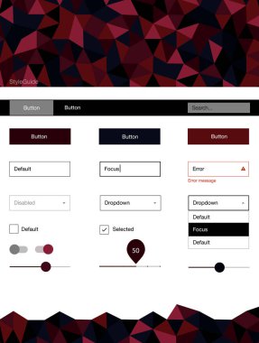 Koyu kırmızı vektör web UI kiti poligonal tarzı. Üçgenler ile poligonal tarzında modern stil rehberi. Bu örnek için sitesidir.