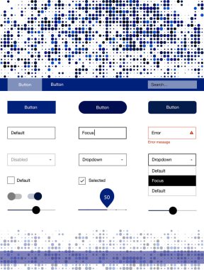 Koyu mavi vektör tasarım UI kiti noktalı. Arka plan üzerinde renkli stil rehberi daireler ile. Bu örnek için sitesidir.