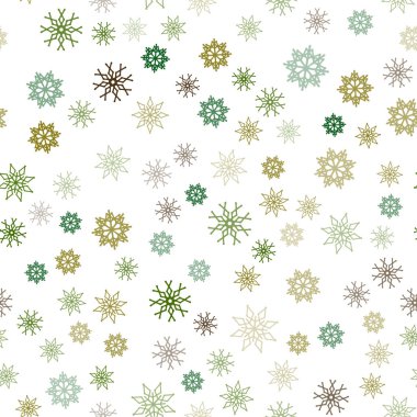 Koyu yeşil, sarı güzel kar taneleri ile sorunsuz kapak vektör. Dekoratif illüstrasyon kar soyut şablonundaki ile parlayan. Desen tasarım pencere panjur, perdeler.