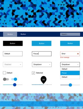 Hafif mavi vektör stil rehberi daireler ile. Güzel UI ux kiti ile onun üstbilgisindeki renkli noktalar. Web siteleri, açılış sayfaları için güzel düzeni.