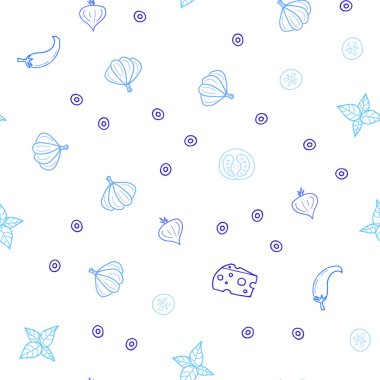 Hafif pembe, mavi vektör sorunsuz kapak mutfak gurme ile. Resimde dizi doodle tarzı taze yiyecek. Reklam, poster, afiş kafe ya da restoran için tasarım.