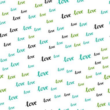 Açık mavi, yeşil vektör sorunsuz doku kelimelerle Love You. Aşk soyut tarzda dekoratif illüstrasyon kelimelerle. Tekstil, kumaş, duvar kağıtları için tasarım.