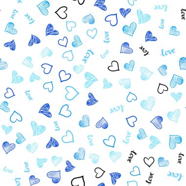 Hafif mavi vektör sorunsuz arka plan ile sözler, kalpleri. Metin Love You, kalpleri ile doodle tarzında dizayn. Desen tasarım kumaş, duvar kağıtları.