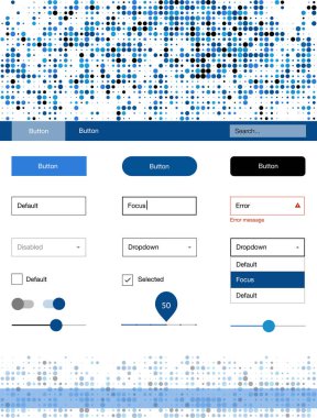 Koyu mavi vektör UI ux kiti daireler ile. Basit malzeme tasarım kiti üstbilgisindeki renkli noktalar ile. Bu örnek açılış sayfanız için mu.