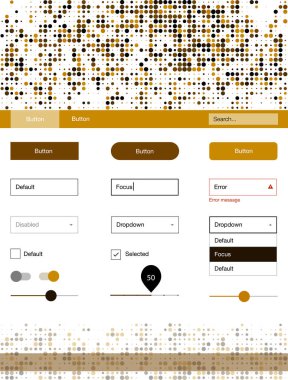 Daireler ile koyu turuncu vektör stil rehberi. Güzel UI ux kiti ile onun üstbilgisindeki renkli noktalar. Web siteleri, açılış sayfaları için güzel düzeni.